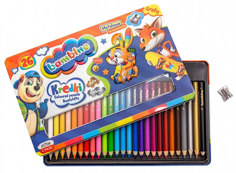 Kredki 26 kolorów JUMBO BAMBINO pud metalowe drew