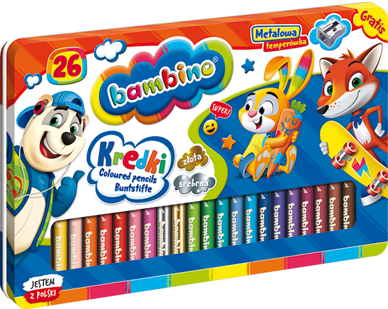 Kredki 26 kolorów JUMBO BAMBINO pud metalowe drew