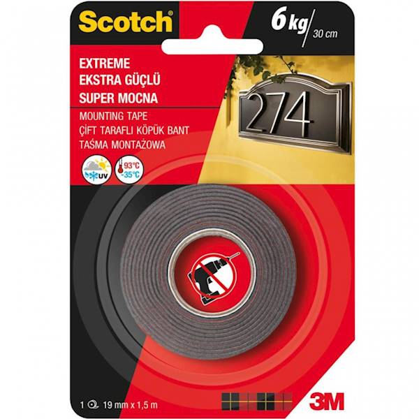 Taśma dwustr. 1,9x1,5mb Scotch 3M super mocna czar