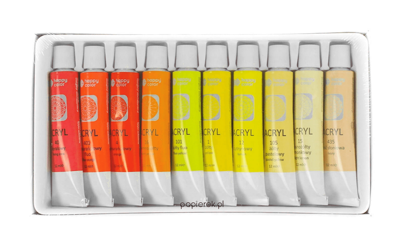 Farby akrylowe 10kol 12ml.Happy Color żółte odcien