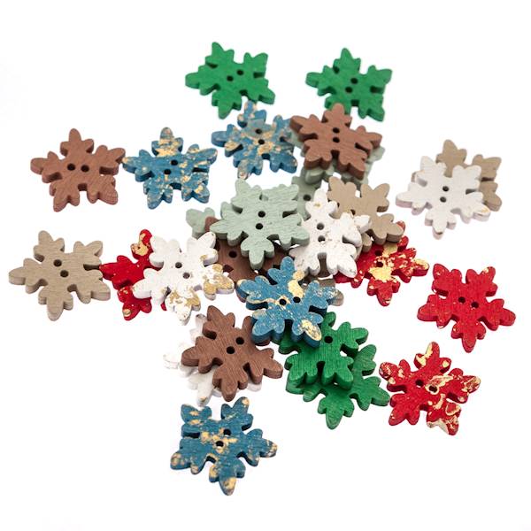 Guziki drewniane ŚNIEŻYNKI 2,5cm.28szt.mix.złocone