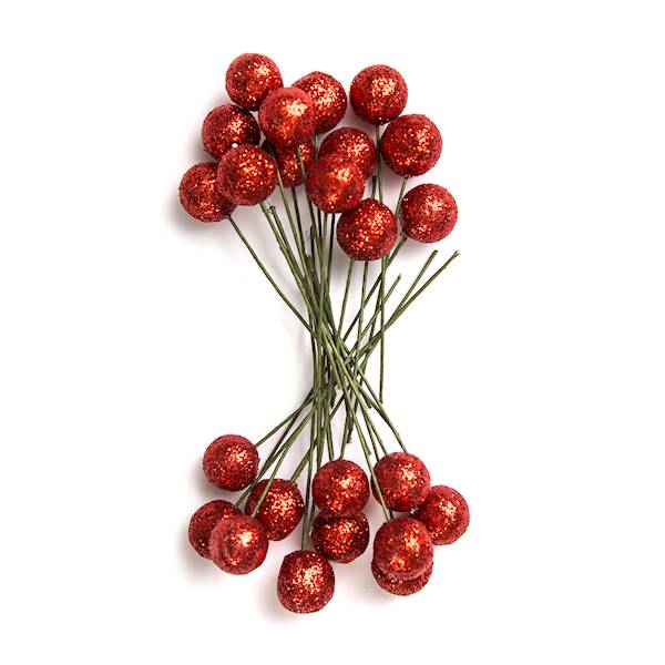 Owoce ostrokrzewu 1,2cm. czerwone brokat 24szt.
