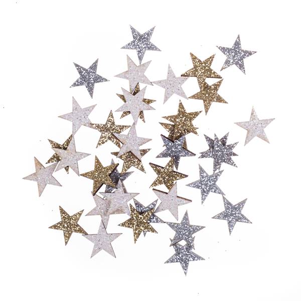 Gwiazdki z drewna brokatowe dwustronne 1.4cm 36szt