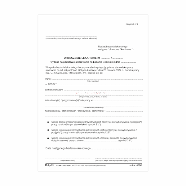Orzeczenie lekarskie o zdol do pracy A5 Mz/Lp-25