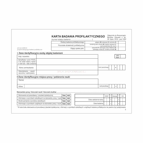 Karta badania profilaktycznego Mz/Lp-10 