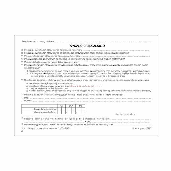 Karta badania profilaktycznego Mz/Lp-10 