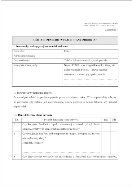 Oświadczenieo stanie zdrowia Mz/L-2