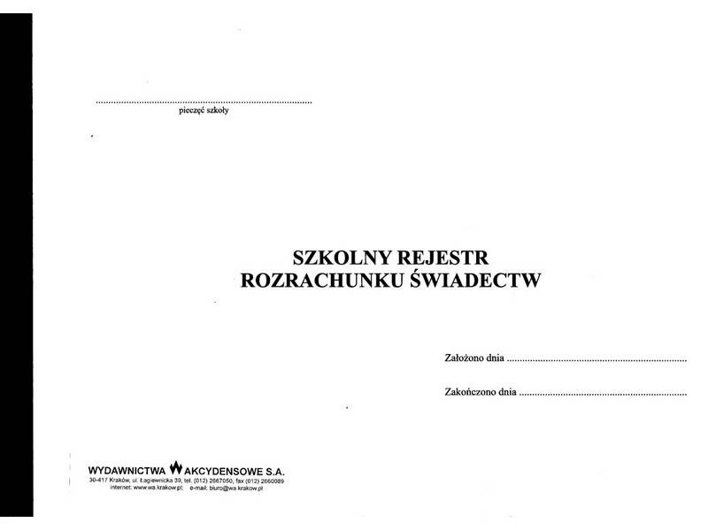 Szkolny rejestr rozrachunku świadectw I/22a