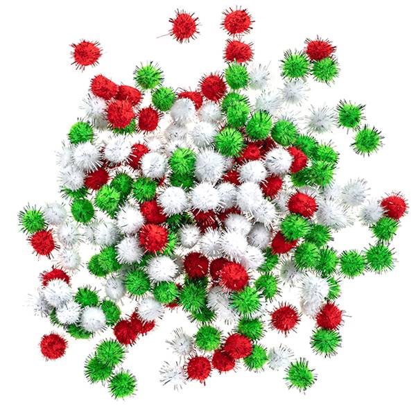 Pompony poliestrowe metaliz. białe, czerw., ziel. 