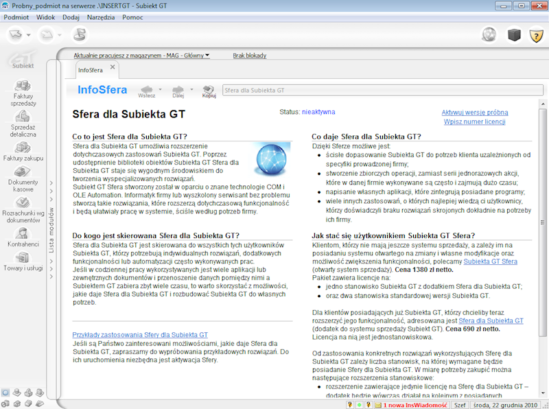 Program InsERT Sfera dla Subiekta GT 1-Stanowisko