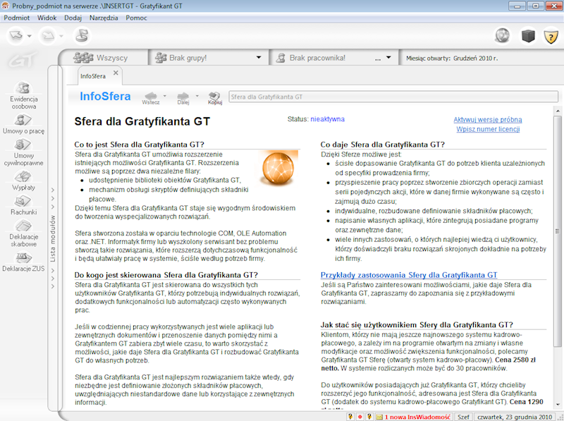 Program InsERT Sfera dla Gratyfika GT 1-Stanowisko
