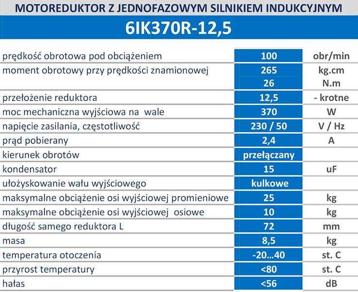 6IK370R-12,5 100obr/min 370W, 26N.m z wyjściem kontrolnym prędkości