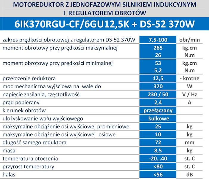 6IK370R-12,5 100obr/min 370W, 26N.m z wyjściem kontrolnym prędkości