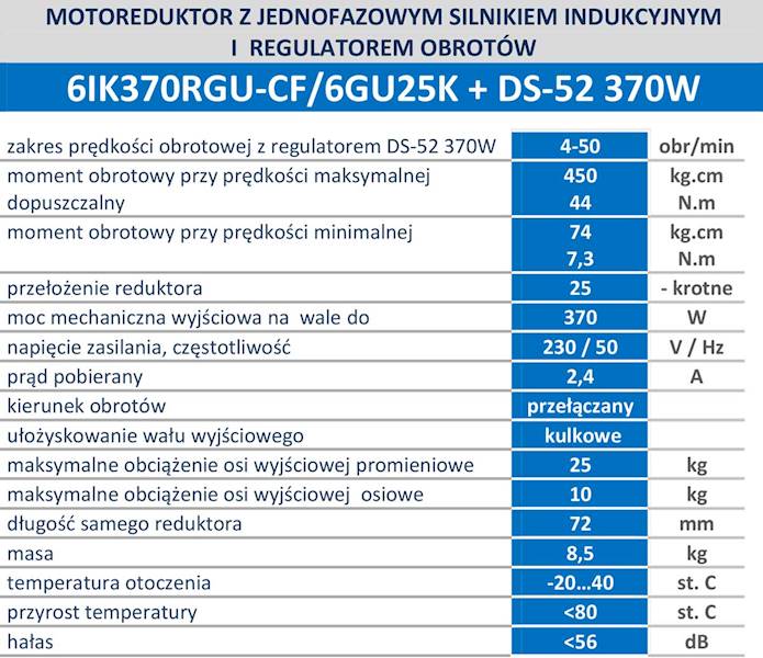6IK370R-25 50obr/min 370W, 44N.m z wyjściem kontrolnym prędkości