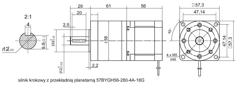 57BYGH56-280-4A-18G krokowy bipolarny NEMA23 2,8A z przekładnią  planetarną 18-krotną 20N.m
