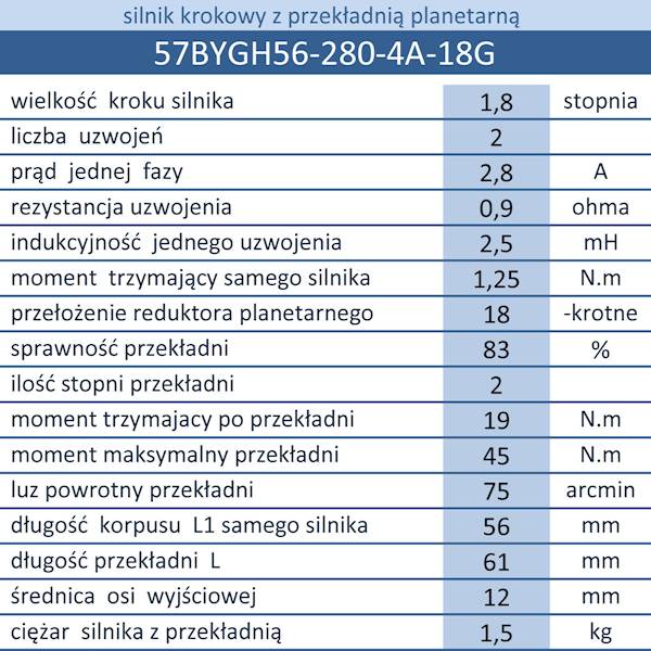 57BYGH56-280-4A-18G krokowy bipolarny NEMA23 2,8A z przekładnią  planetarną 18-krotną 20N.m