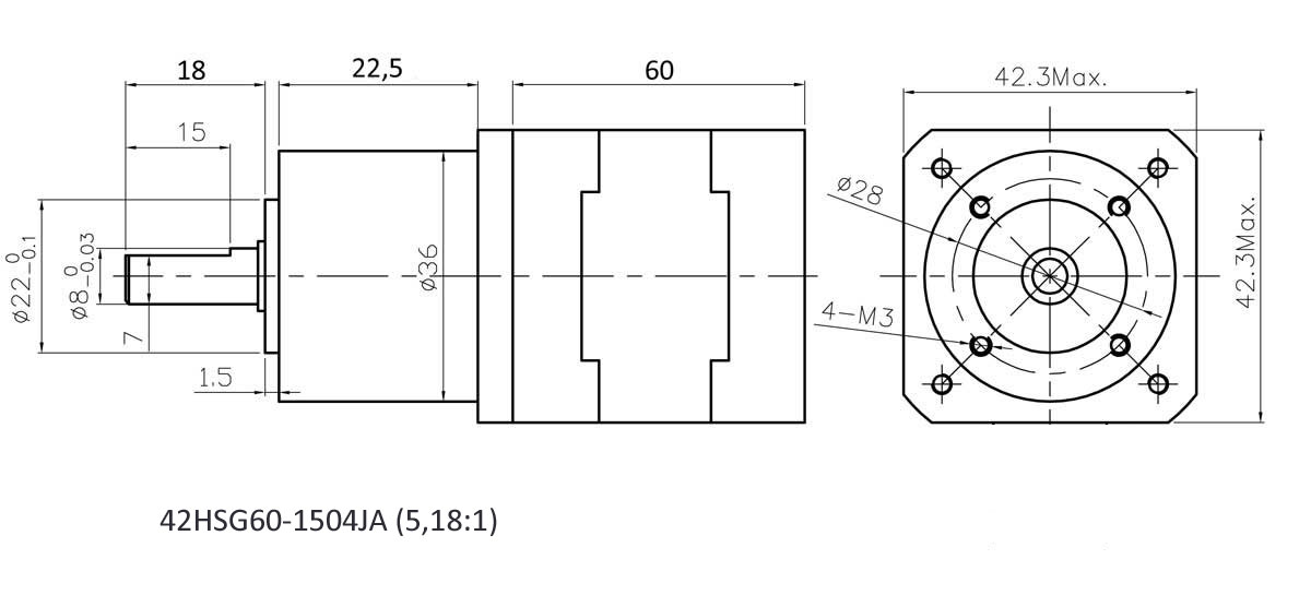 42HSG60-1504JA (5,18:1) krokowy bipolarny NEMA17 z przekładnią planetarną 5,18-krotną, 3,3N.m, 1,5A
