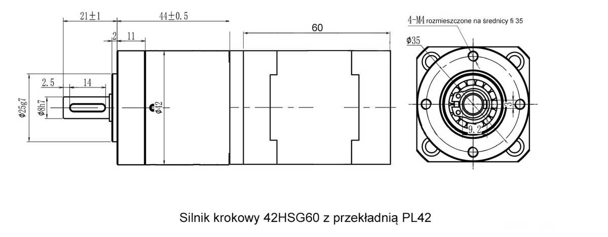 42HSG60-1504PL42B 10:1 krokowy bipolarny NEMA17 z przekładnią planetarną 3-krotną, 4N.m, 1,5A