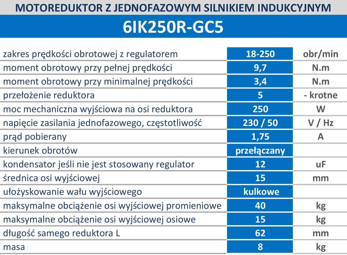 6IK250R-GC5  250obr/min 250W, 9,7N.m z wyjściem kontrolnym prędkości