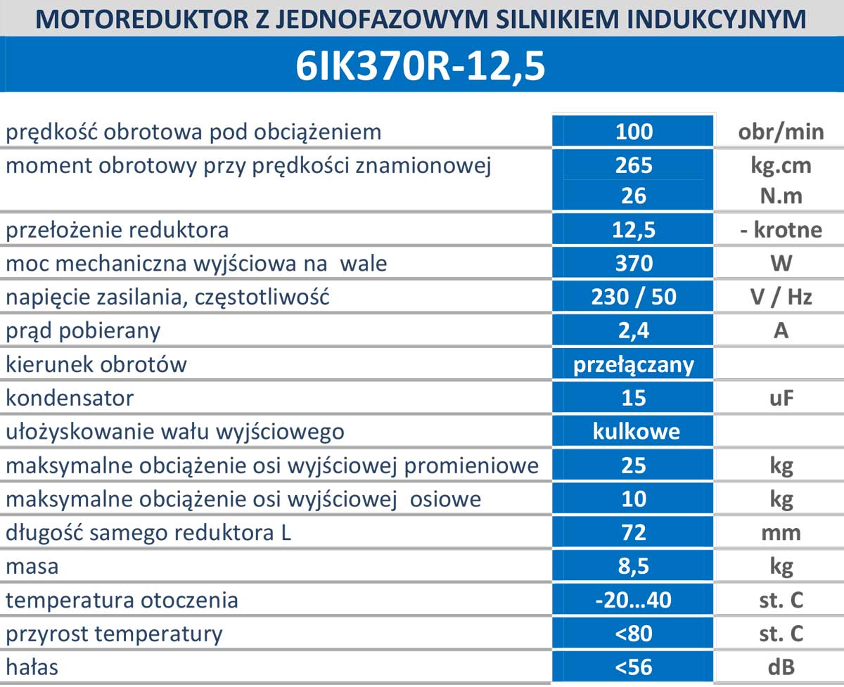 6IK370R-12,5H 100obr/min 370W, 26N.m z wyjściem kontrolnym prędkości