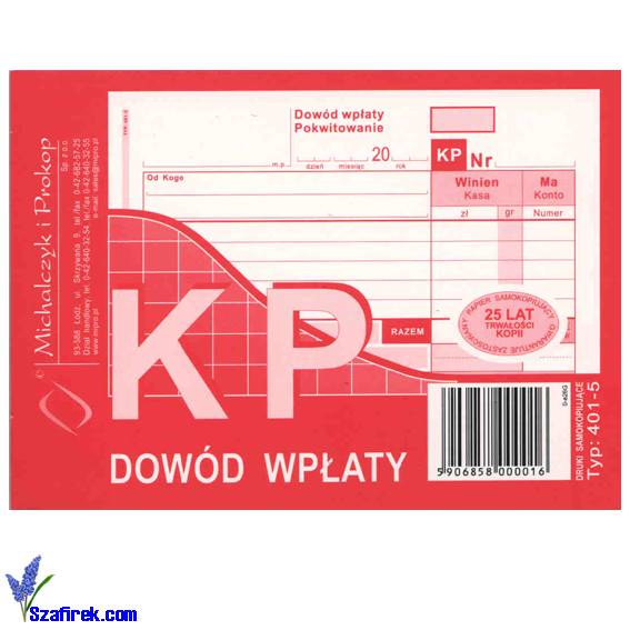 DRUK 401-5 KP A6 WIELOKOPIA KP Kasa Przyjmie