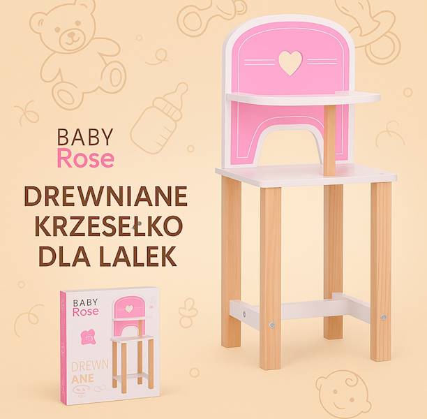Drewniane krzesełko Baby Rose dla lalek 35-45 cm