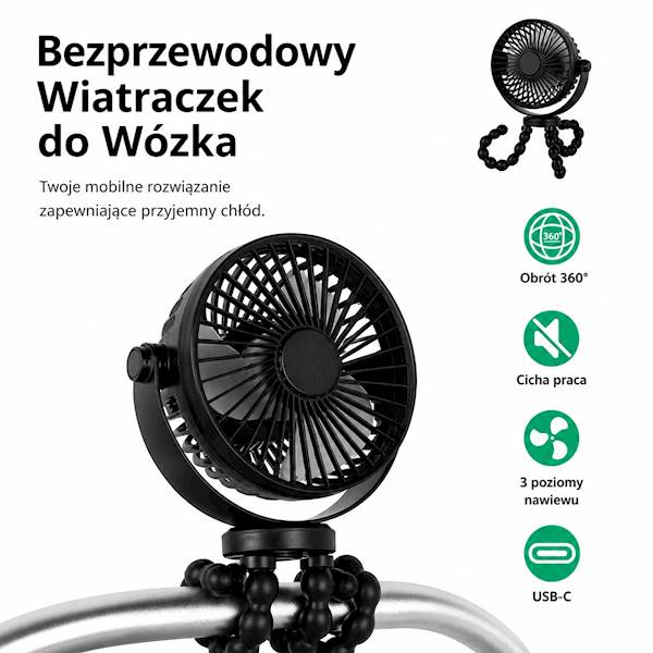 Bezprzewodowy wiatraczek 360° do wózka USB-C TB