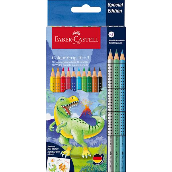 KREDKI GRIP DINOZAURY13KOL+ NAKLEJKI FABER CASTELL