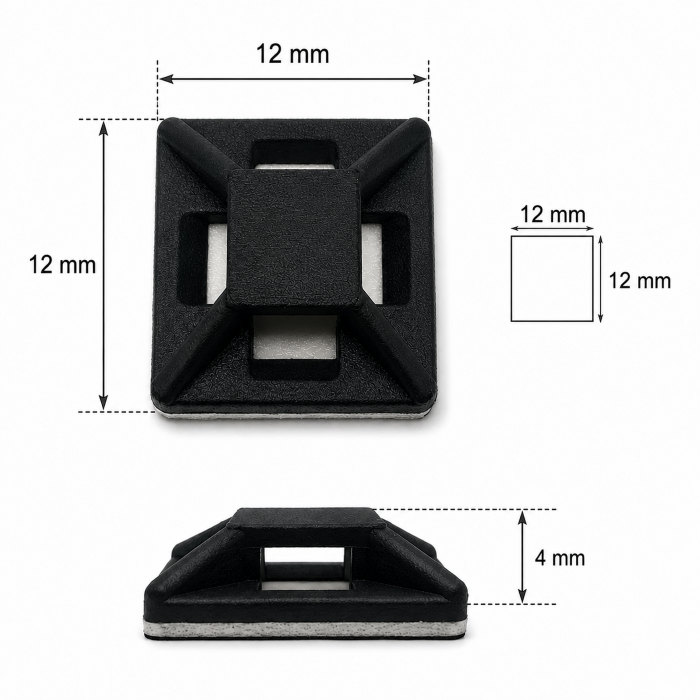 Uchwyt do kabli czarny samoprzylepny 12x12mm na opaskę zaciskową 20szt Art. 00279
