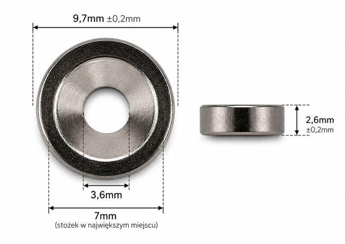 Magnes Neodymowy okrągły pierścieniowy 9,7x2,6 mm z otworem 3,5mm  2200GS  / 5 sztuk Kpl Art. 00210