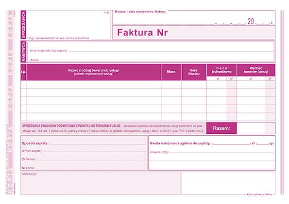 Druk Faktura dla podatników zwolnionych z VAT A5 203-3E