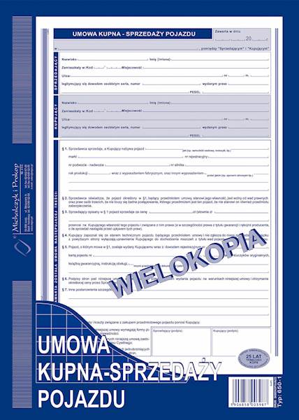 Druk Kupna-Sprzedaży Pojazdu wielokopia A4 650-1