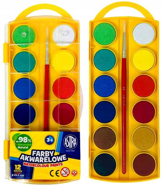 Farby Wodne Akwarelowe 12 kolorów fi 23,5mm ASTRA