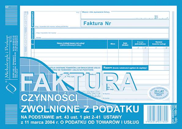 Druk Faktura czynności zwolnione z podatku A5 198-3E