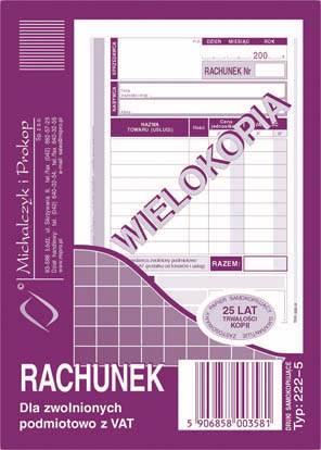 Druk Rachunek dla zwolnionych podmiotowo z VAT A6 222-5
