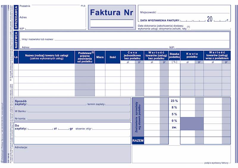 Druk Faktura Vat netto wielokopia A5 100-3E