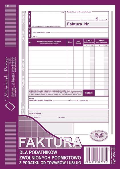 Druk Faktura dla podatników zwolnionych z VAT A5 202-3E