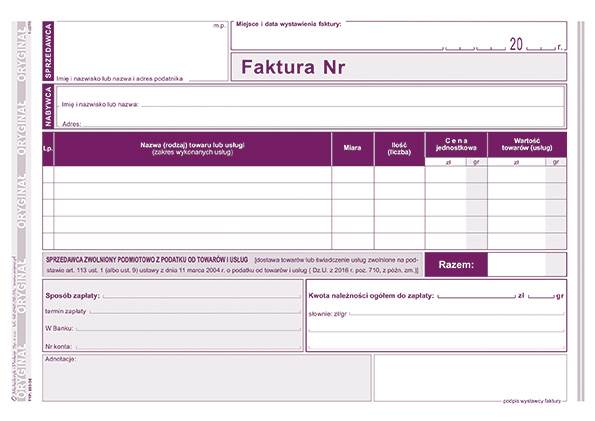 Druk Faktura dla podatników zwolnionych z VAT A5 203-3E