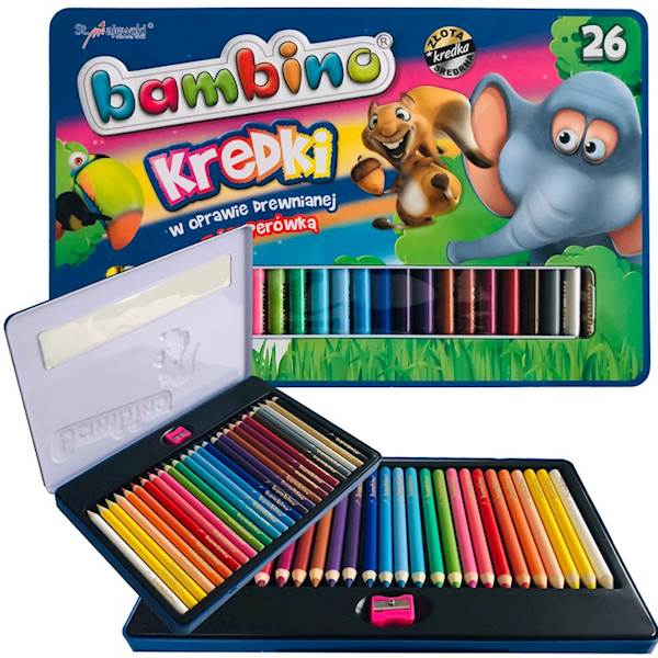 Kredki Ołówkowe Jumbo 26 kolorów + temperówka metalowe etui BAMBINO