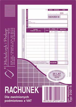 Druk Rachunek dla zwolnionych podmiotowo z VAT A6 232-5