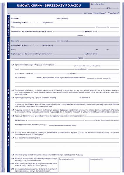 Druk Kupna-Sprzedaży Pojazdu wielokopia A4 650-1