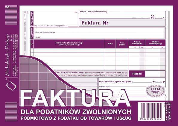 Druk Faktura dla podatników zwolnionych z VAT A5 203-3E
