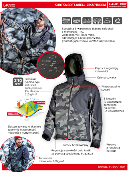 KURTKA SOFRSHELL Z KAPTUREM LAHTI PRO L40932 MORO 3XL