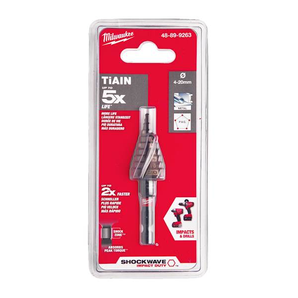 WIERTŁO STOPNIOWE UDAROWE DO METALU MILWAUKEE SHOCKWAVE IMPACT DUTY Z KOŃCÓWKĄ RAPID STRIKE 4-20 MM