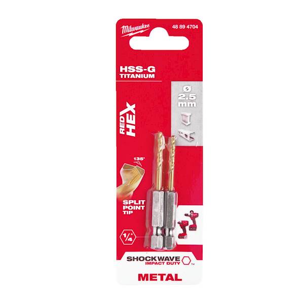 WIERTŁO UDAROWE DO METALU MILWAUKEE SHOCKWAVE HSS-G TIN RED HEX 2,5/62/19 MM