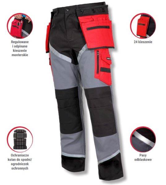 SPODNIE ROBOCZE LAHTI PRO L40505 CZARNO-SZARO-CZERWONE BAWEŁNIANE Z ODBLASKAMI XL