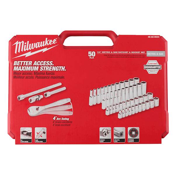 ZESTAW NASADEK 1/4" Z GRZECHOTKĄ MILWAUKEE 50 ELEMENTÓW - METRYCZNE I CALOWE