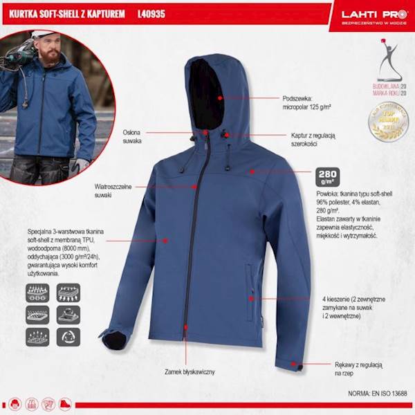KURTKA SOFTSHELL Z KAPTUREM LAHTI PRO L40935 GRANATOWA S
