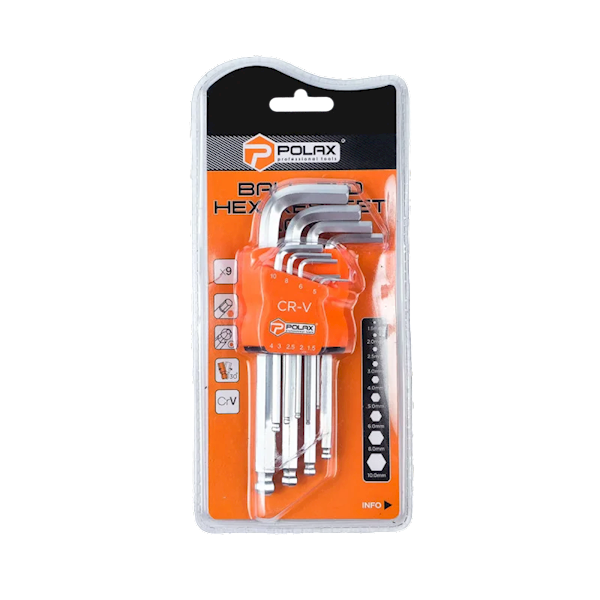 ZESTAW 9 KLUCZY IMBUSOWYCH DŁUGICH Z KULKĄ POLAX 1,5-10 MM