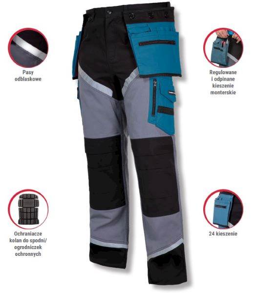 SPODNIE ROBOCZE LAHTI PRO L40502 CZARNO-SZARO-TURKUSOWE 2XL